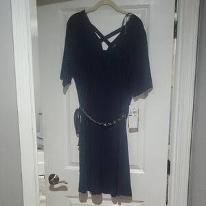 Nina Leonard Navy Dress with Gold Chain Belt